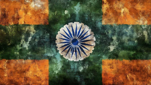 Weathered Indian flag abstraction shows centered Ashoka Chakra