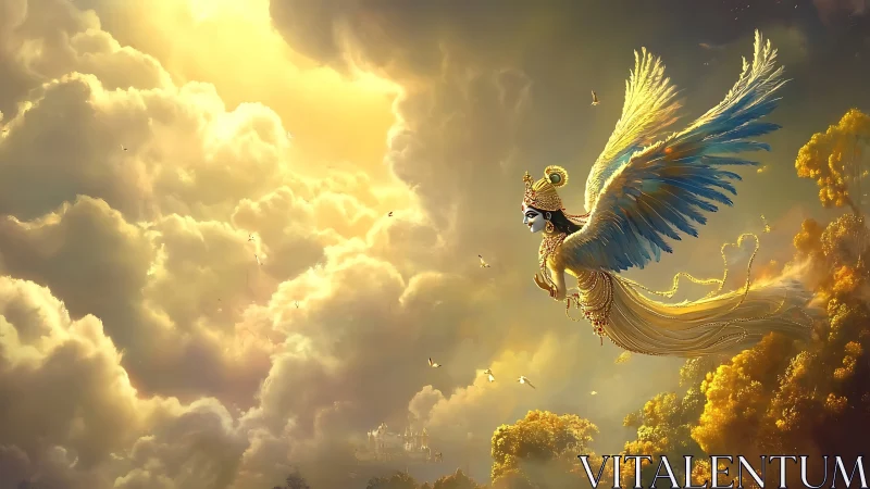Mythic winged deity ascending through radiant cloud strata.