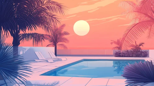 Sunset pool terrace in minimalist tropical digital painting.