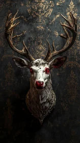 Stag head sculpture with red eyes on patterned dark wall.