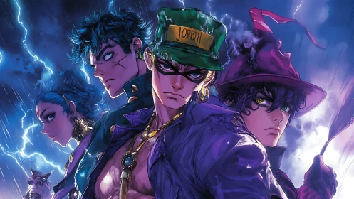 Dynamic quartet in stormlit anime portrait with high-contrast rim lighting