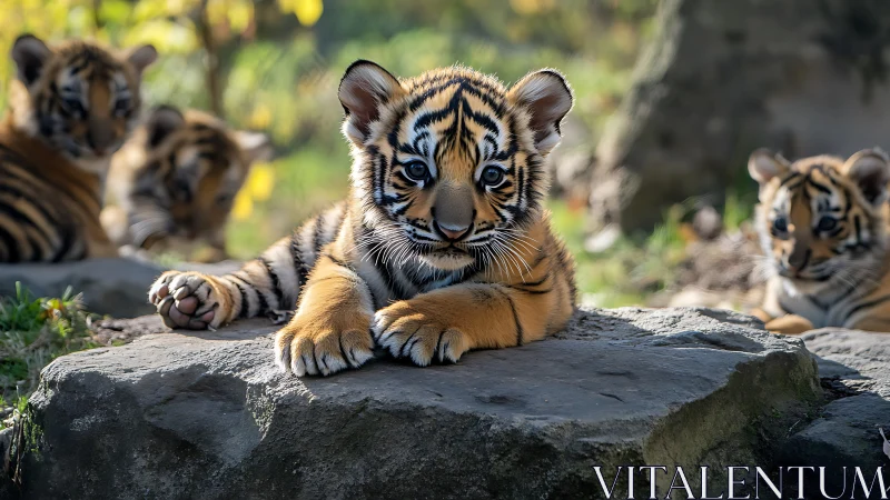 Curious tiger cub lounging on sunlit rock with siblings nearby.