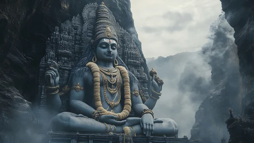 Colossal Shiva statue dominates misty mountain canyon