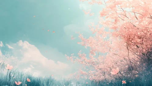 Soft cherry blossoms under pale sky with drifting petals.