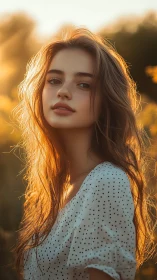 Young woman in backlit outdoor portrait at golden hour.
