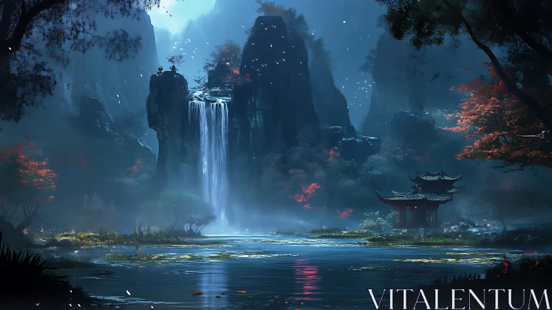 Nocturnal mountain waterfall frames misted lakeside temple