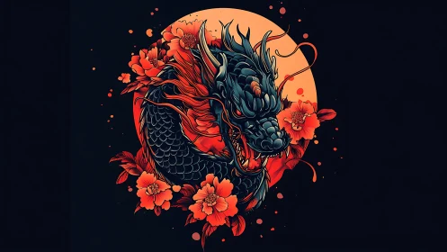 Coiled dragon amid crimson blossoms before blazing moon.