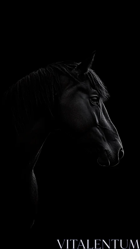 Black horse side profile on deep black background.