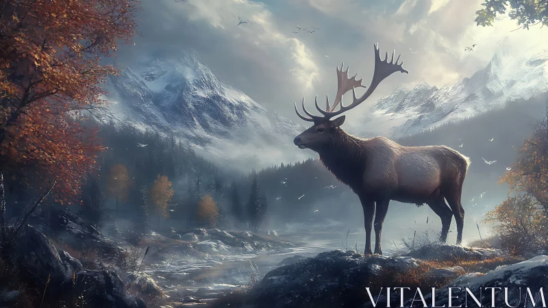 Majestic elk stands in misty valley before snow mountains
