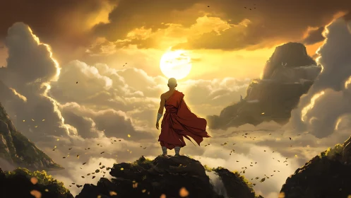 Backlit monk observes volumetric clouds above layered cliffs