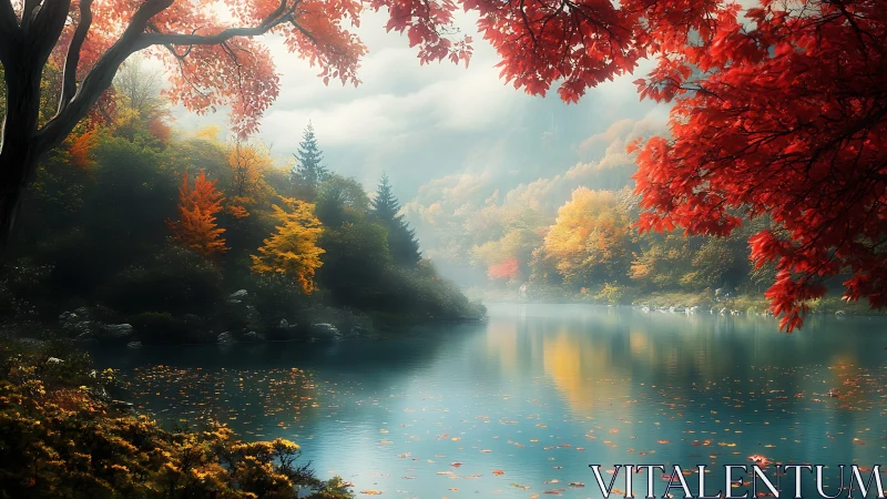 Autumn forest lake under mist with vivid red foliage reflections.