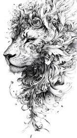 Lion portrait merges baroque linework and fluid motion.