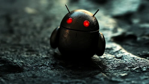 Dark metallic robot glows with ominous red eyes on rock.