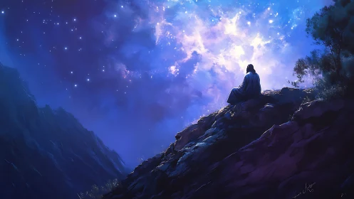 Solitary mystic studies radiant stars above twilight cliffs.