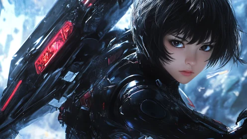 Cyborg pilot in glossy exosuit aligns energy wing for high-G turn