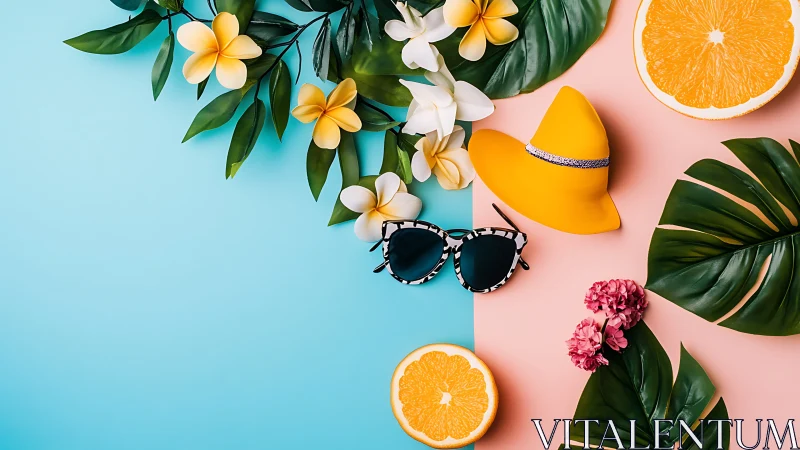 Flat lay summer vacation kit on split pastel background
