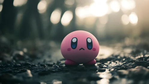 Pink round character on wet forest path at sunrise.