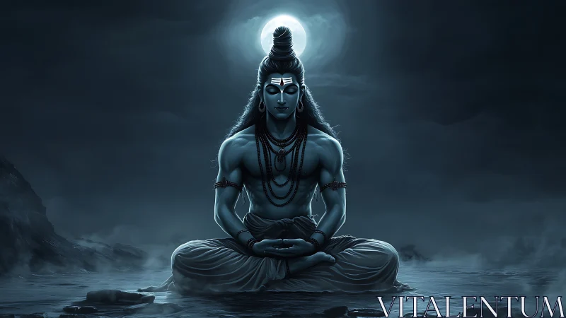 Moonlit meditation of a serene blue divine figure.