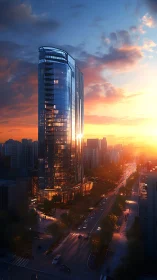 Sunlit glass skyscraper crowns a bustling city at dusk.