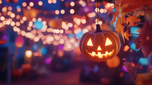 Jack-o’-lantern beacon grinning through dreamy Halloween bokeh.
