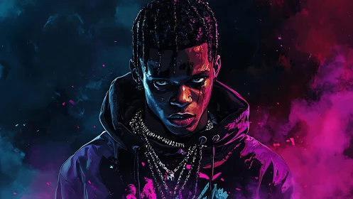 Neon-lit urban portrait with intense gaze and vapor clouds.