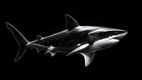 Futuristic white line shark on black digital seascape background.