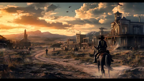 Dust-lit gunslinger rides into a restless frontier town.