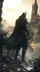 Dark fantasy knight overlooking burning gothic citadel.