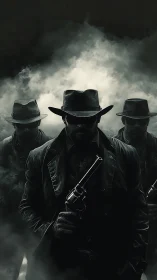 Shadowed gunslingers emerging through swirling ghostly fog.