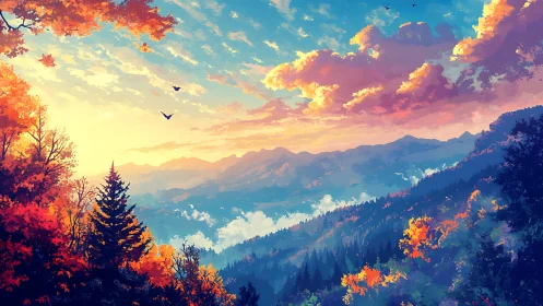 Digital autumn mountain valley under vivid sunrise sky