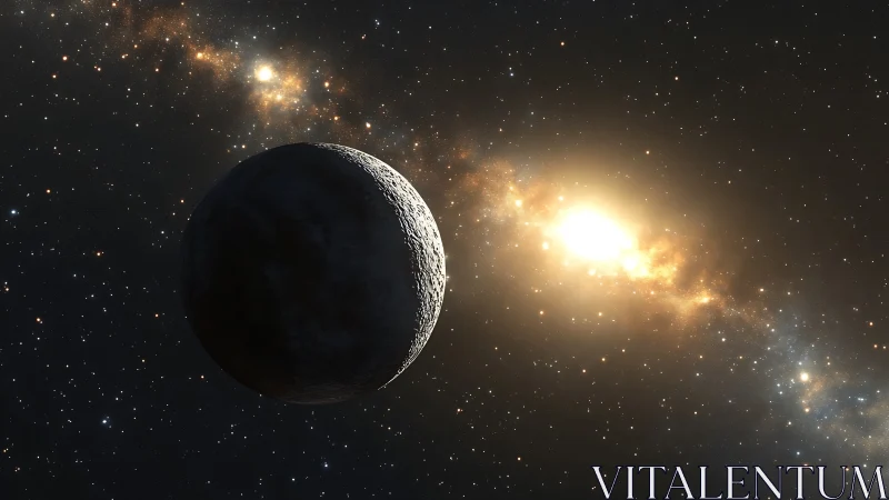 Dark cratered planet silhouette against bright star field.