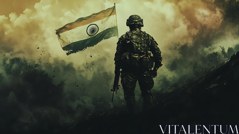Backlit Indian soldier silhouette facing flag amid atmospheric haze
