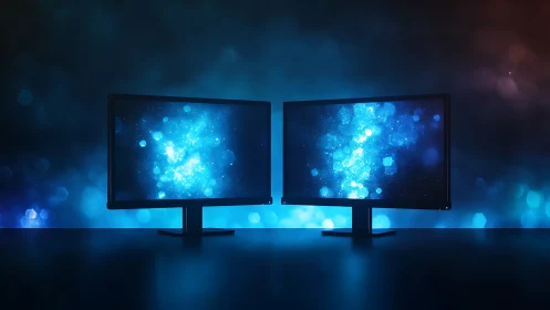Dual widescreen monitors display luminous blue bokeh nebula