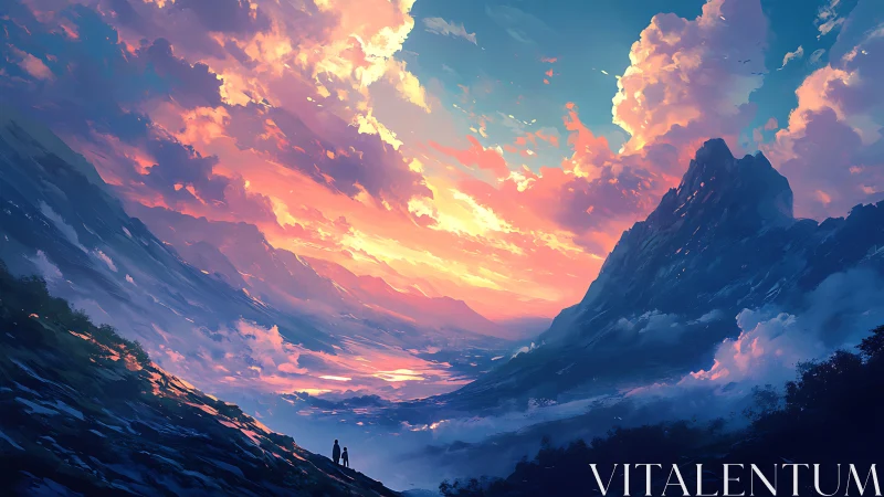 Vast mountain valley under vivid sunset sky panorama.