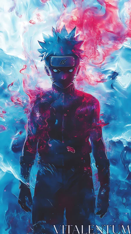 Storm-forged ninja silhouette in neon red and arctic blue glow.