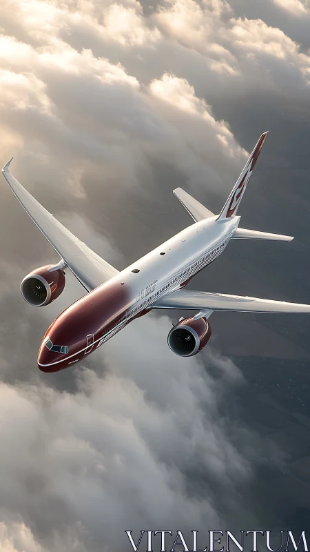 Crimson widebody airliner cruising above sunlit cloud deck.