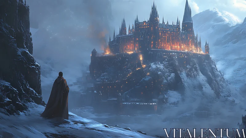 Lone cloaked figure observes illuminated fortress on icy cliff