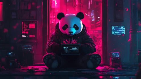 Cyberpunk panda hacker guards neon city backdoor access.