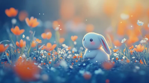 Cute white bunny sitting in glowing orange flower field.