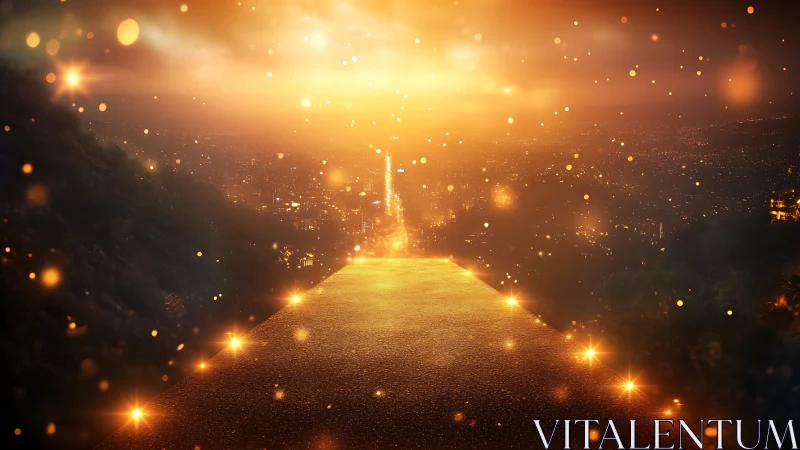 Golden illuminated path overlooks distant city at dusk