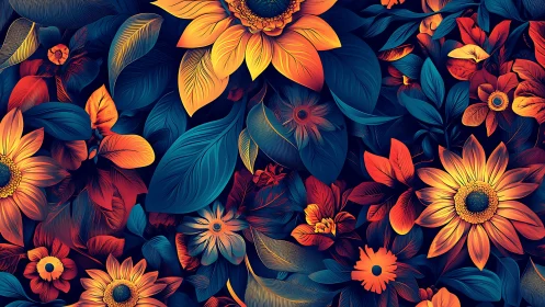 Layered Floral Composition with Sunflowers and Botanical Elements on Deep Indigo.