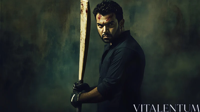 Bloody bat wielding man glares under moody dramatic lighting