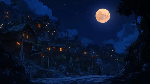 Hillside wooden settlement under full moon at night.