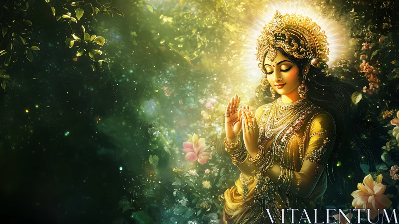 Radiant goddess in golden forest glows with serene devotion