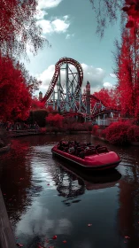 Roller coaster and boat ride in stylized autumn park.
