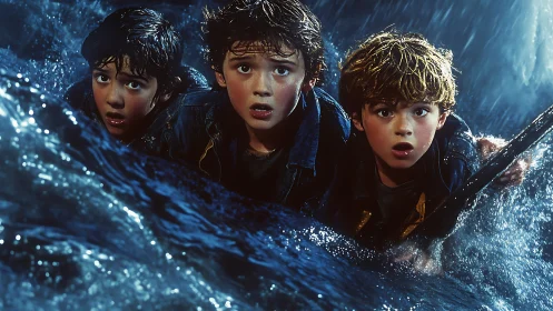 Three adolescents emerge through luminous particle rain against stormy digital atmosphere.