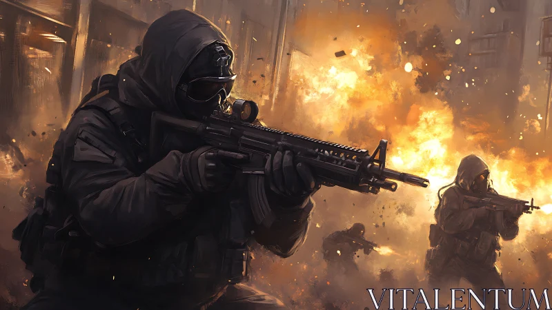 Tactical assault team advancing through urban blastfield.