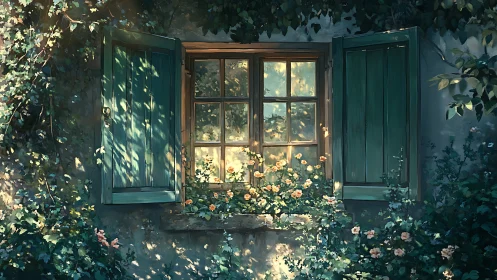 Sunlit cottage window with teal shutters and climbing roses