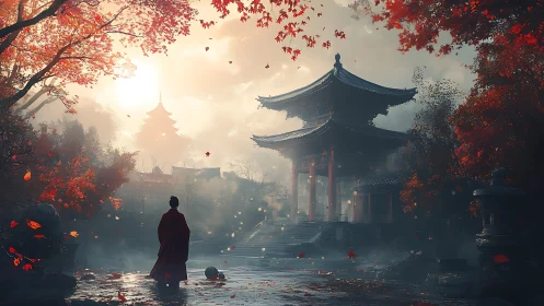 Autumn mist over traditional Japanese temple courtyard at dawn