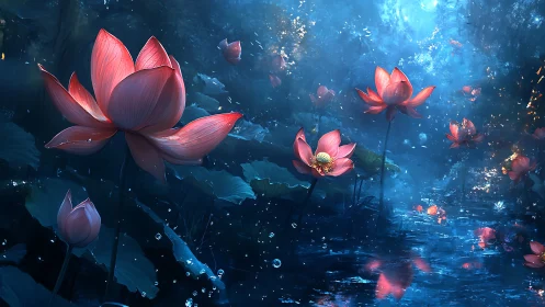 Moonlit lotus pond shimmering with quiet night magic.